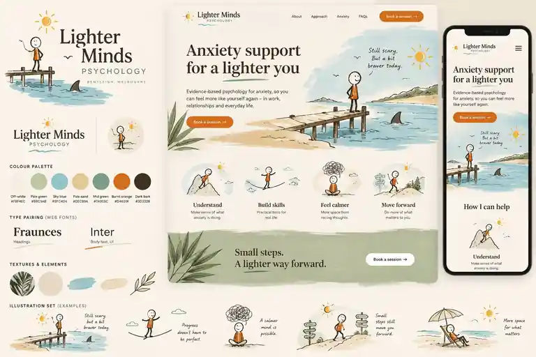 Lighter Minds Psychology brand concept showing the identity, responsive desktop and mobile website, coastal illustration system and supporting visual elements.
