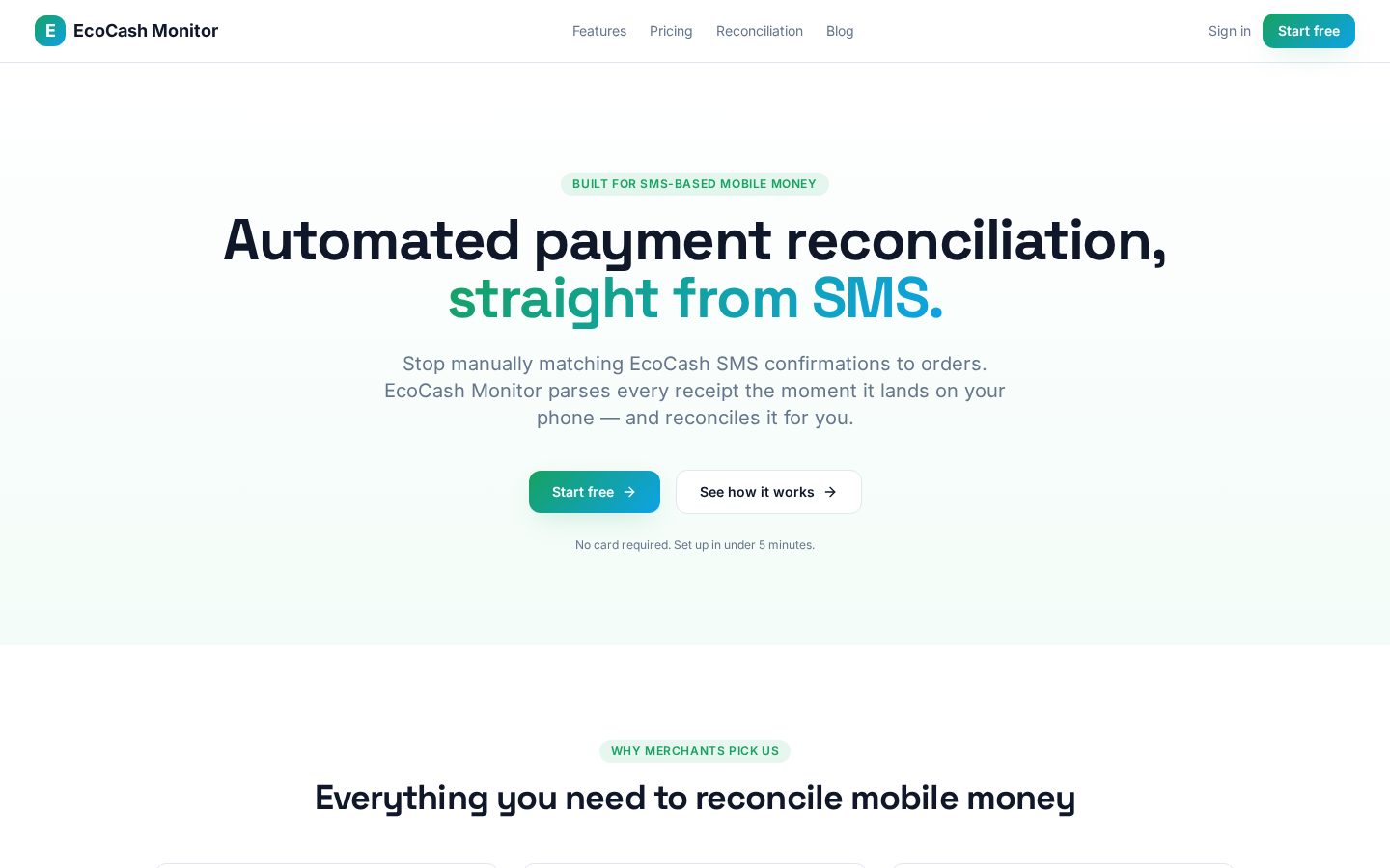 EcoCash Monitor landing page: automated payment reconciliation straight from SMS