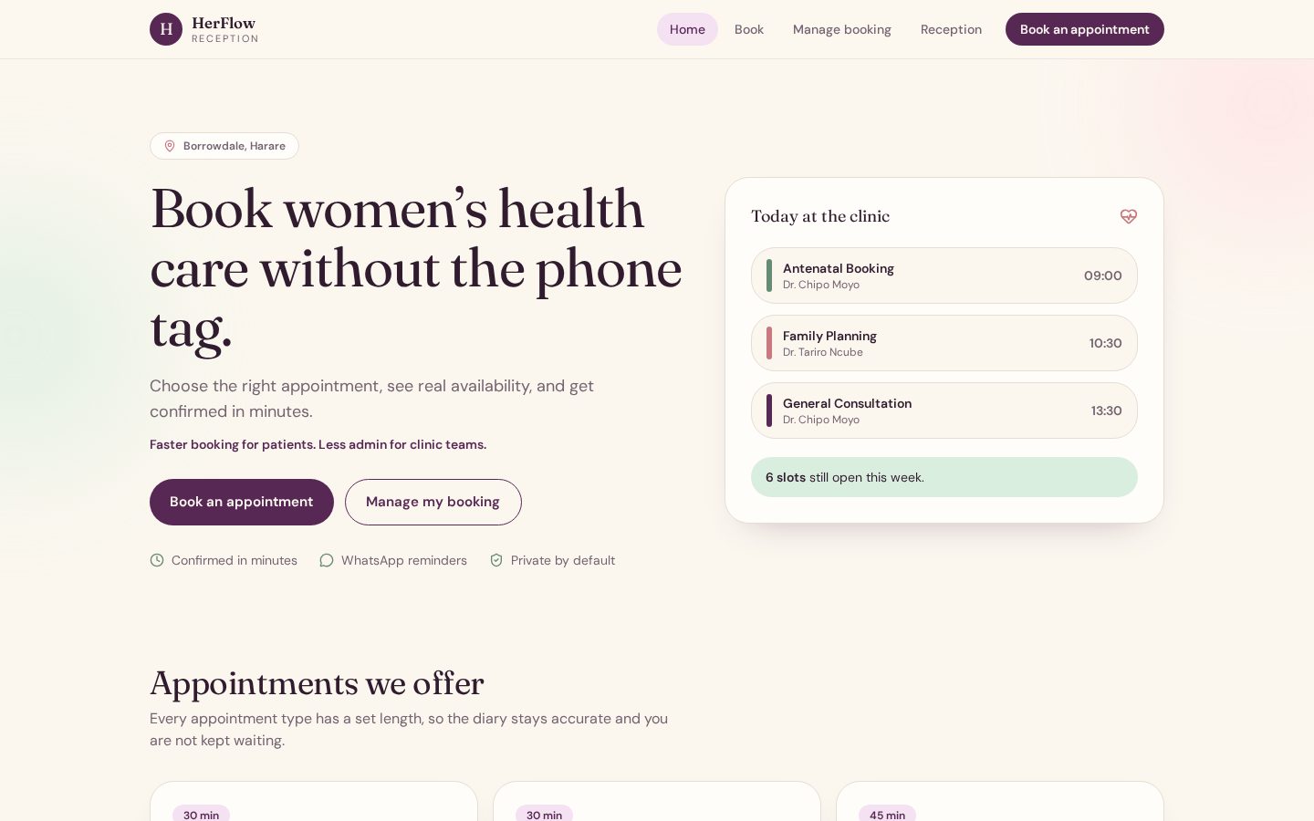 HerFlow Reception landing page with appointment booking and today's clinic schedule